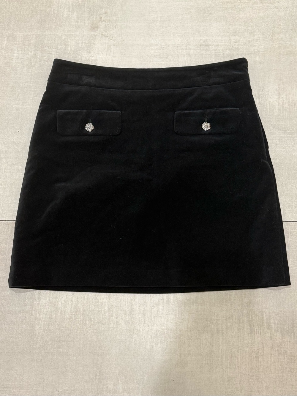 LOFT Black Velvet Mini Skirt with Rhinestone Button Accents